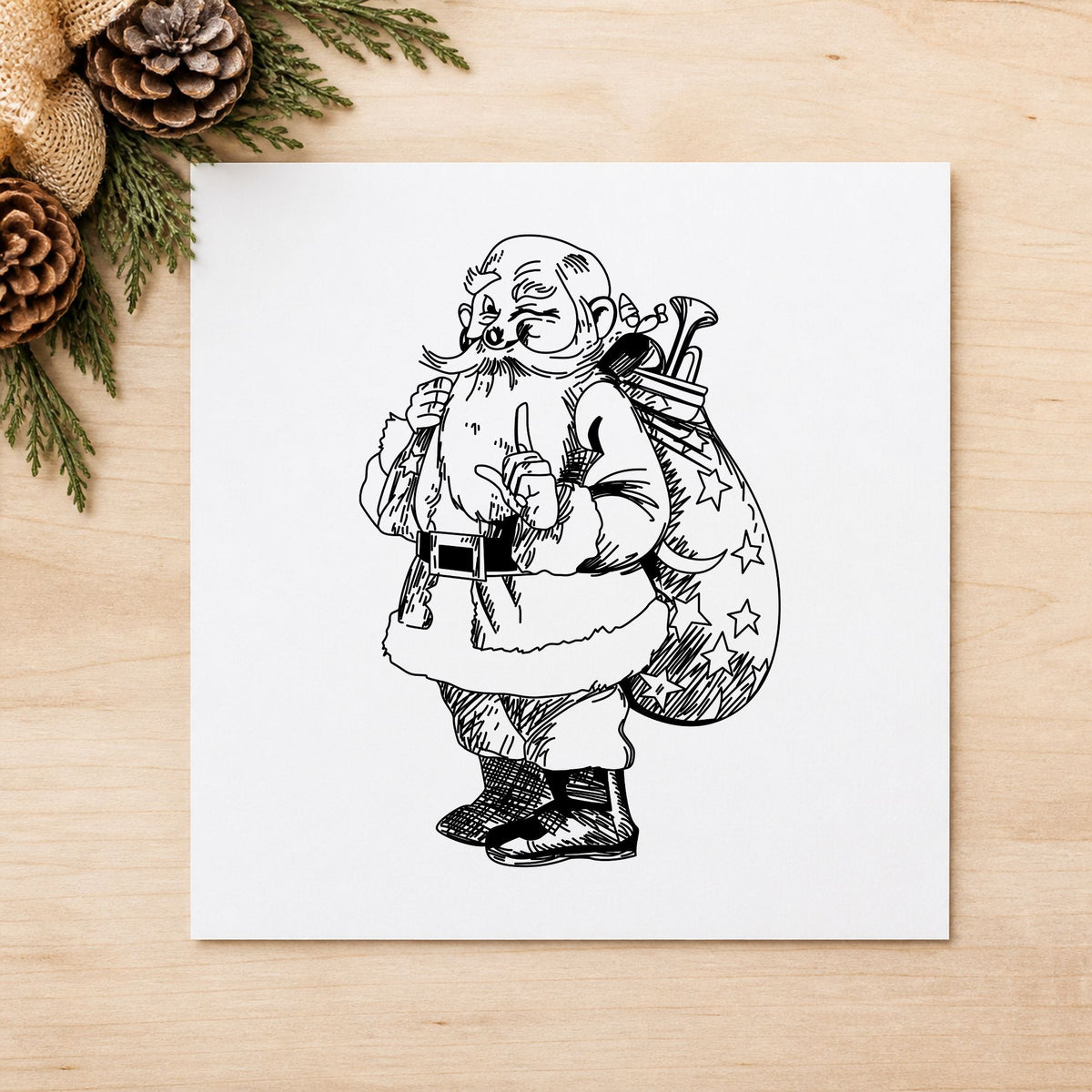 Santa with Gift Sack Rubber Stamp impression in black ink on white paper in a styled craft setting.