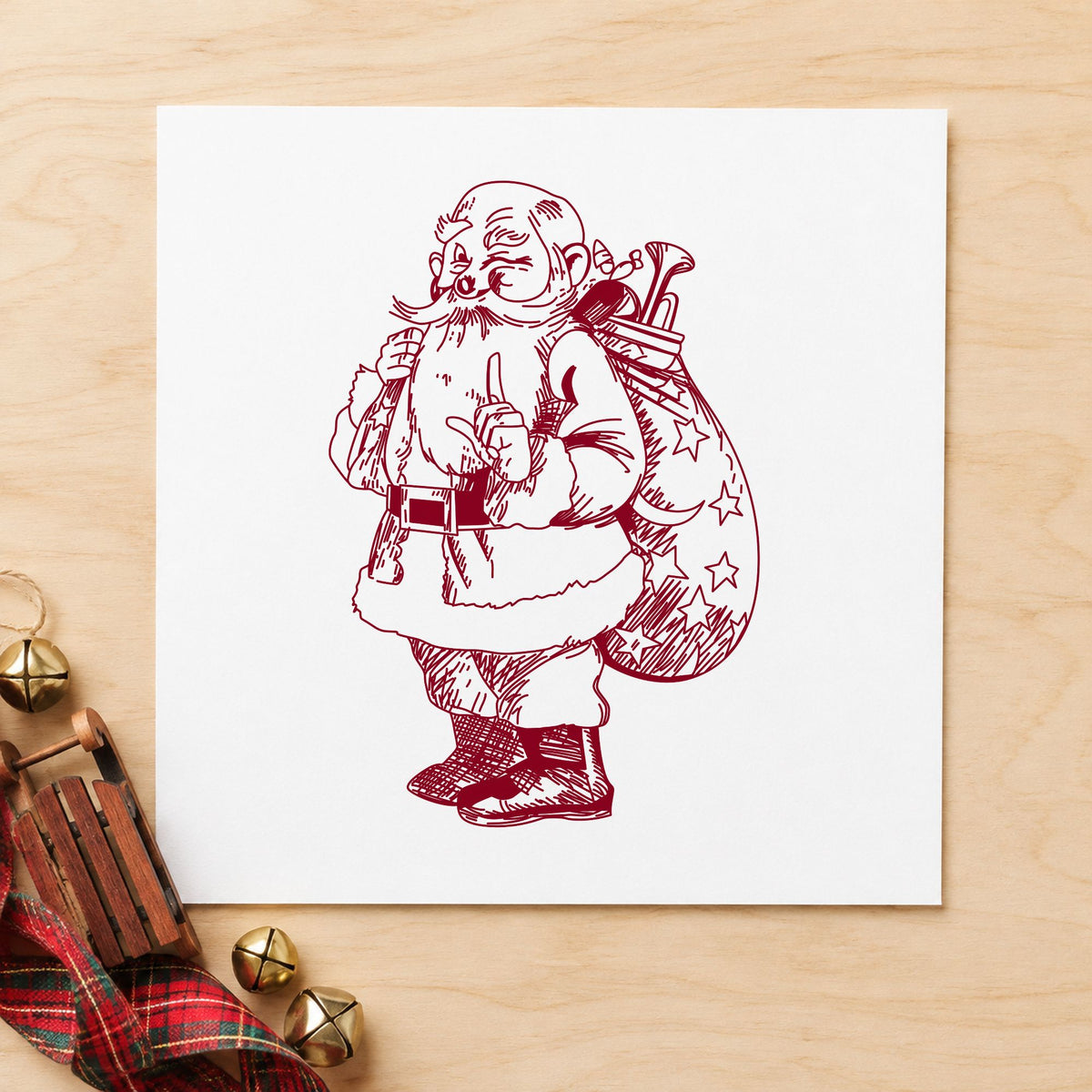 Santa with Gift Sack Rubber Stamp impression in burgundy ink on white paper in a styled craft setting.