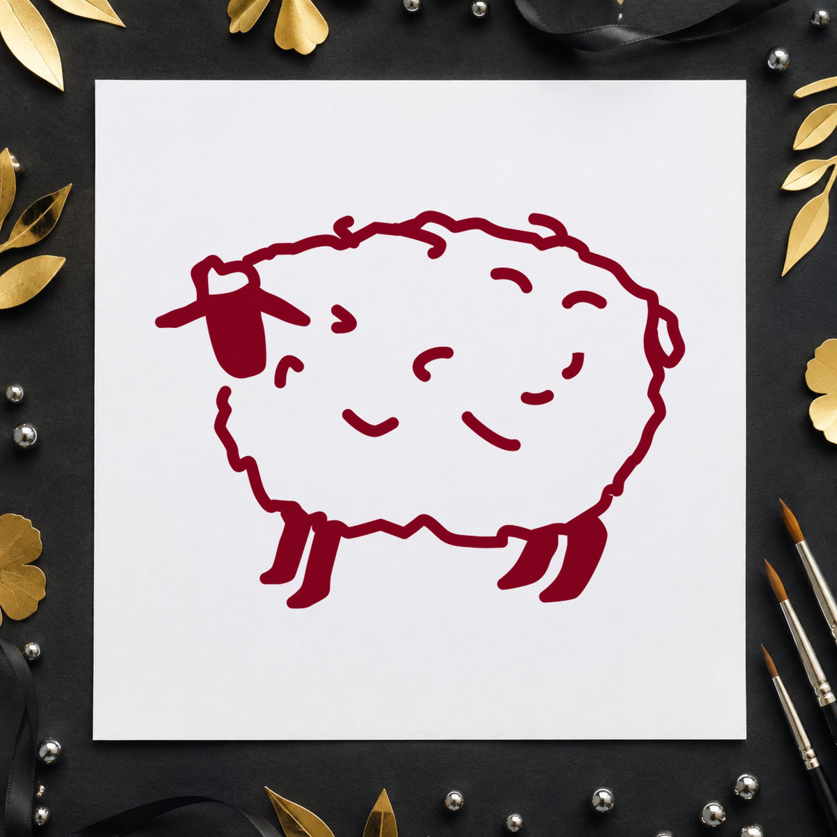 Folk Art Sheep Rubber Stamp impression in burgundy ink on white paper in a styled craft setting.