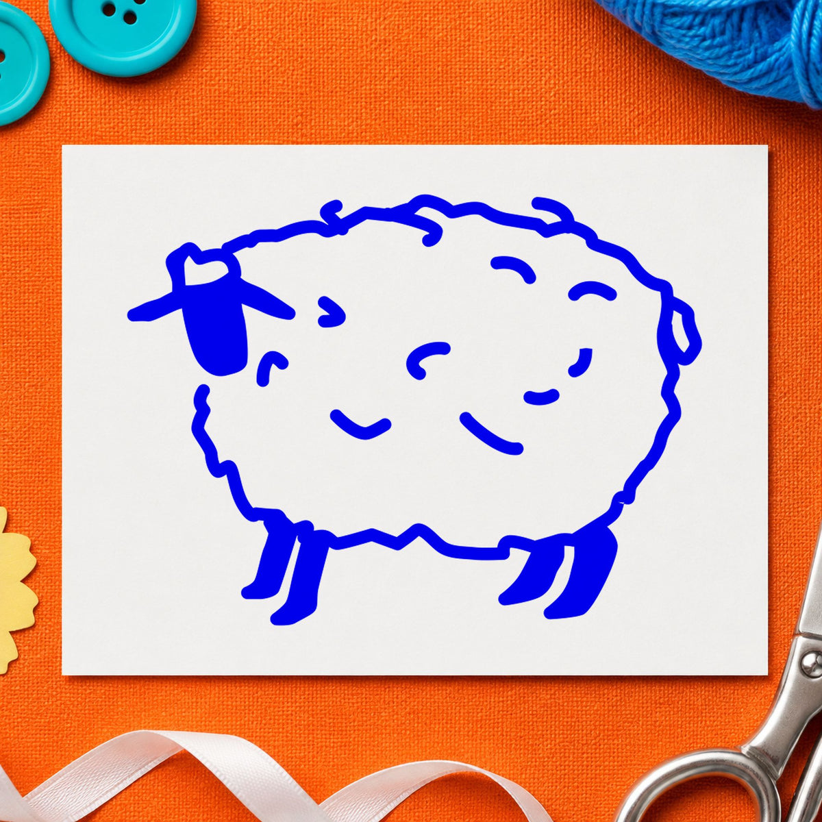 Blue folk art rubber stamp impression featuring the folk art sheep design on white paper.