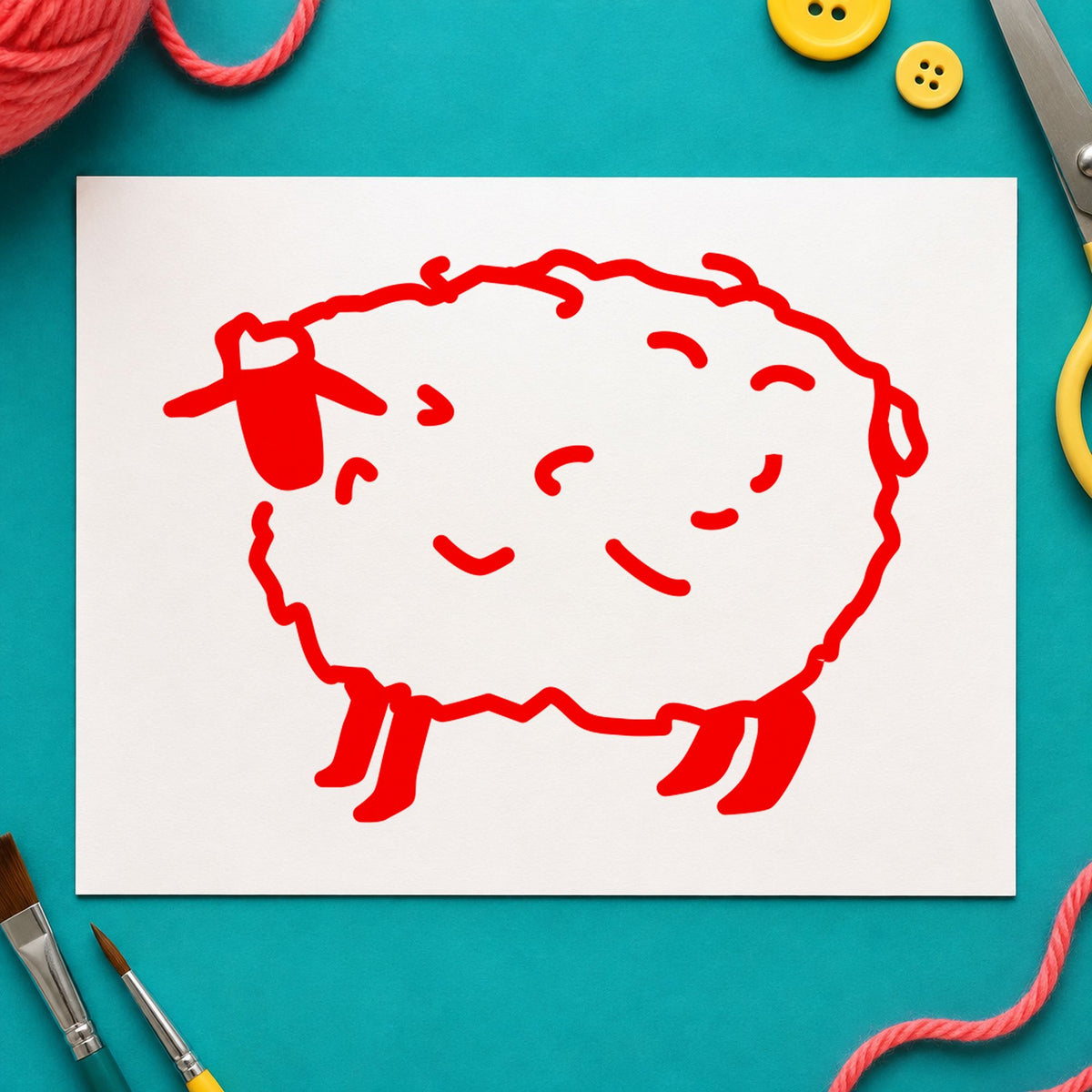 Folk Art Sheep Rubber Stamp impression in red ink on white paper in a styled craft setting.