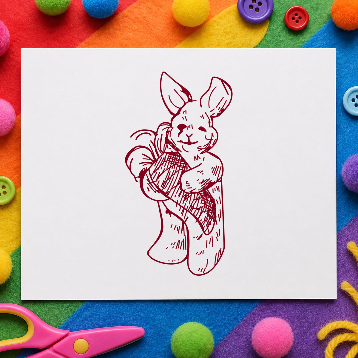 Girl with Bow and Arrow Rubber Stamp impression in burgundy ink on white paper in a styled craft setting.