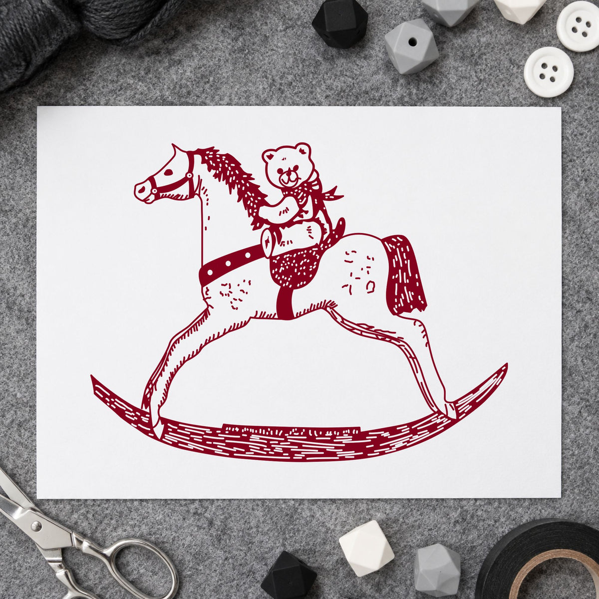 Bear on Rocking Horse Art Rubber Stamp in use 10
