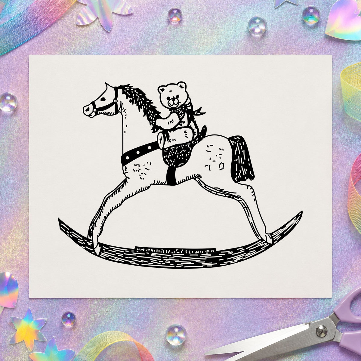 Bear on Rocking Horse Art Rubber Stamp in use 2