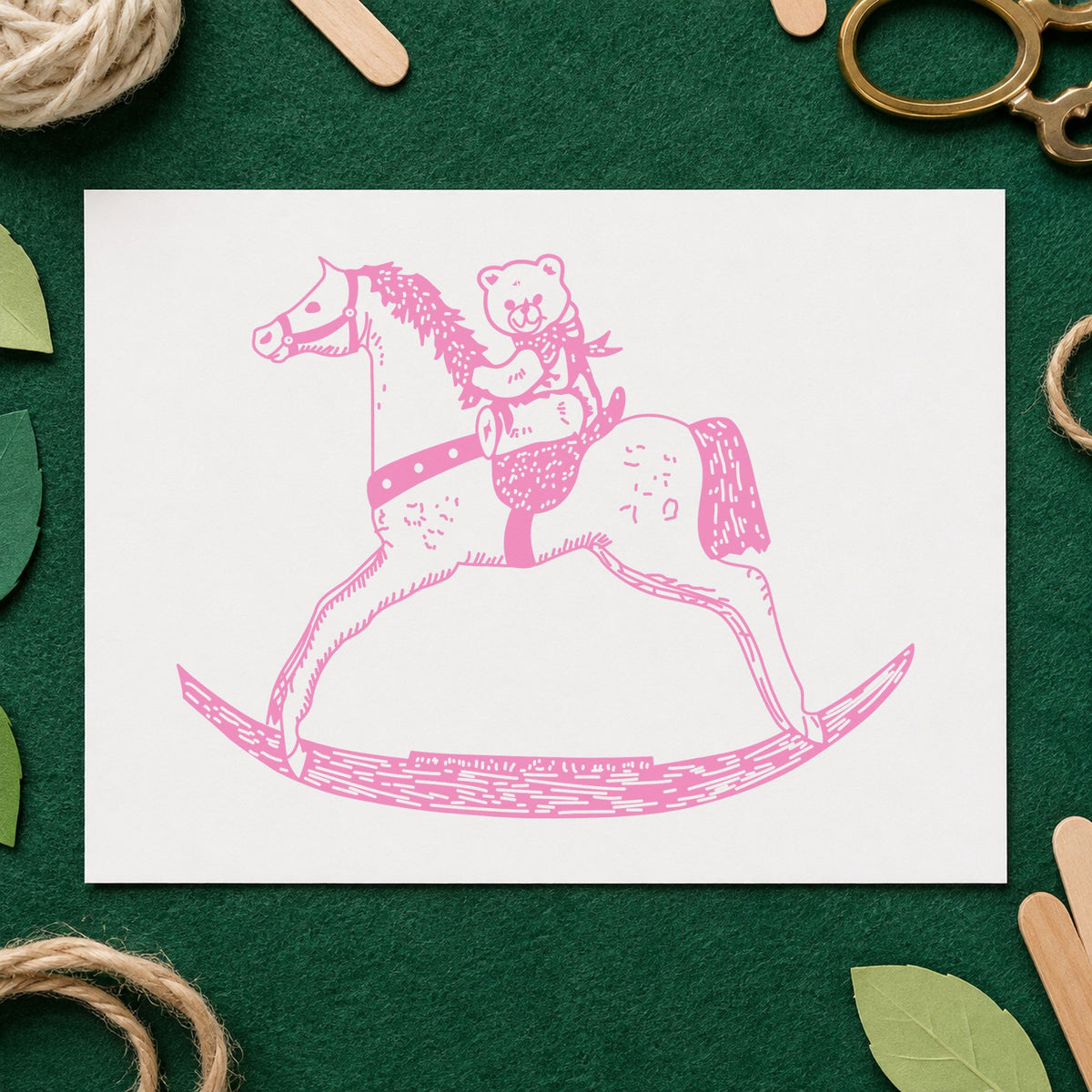 Bear on Rocking Horse Art Rubber Stamp in use 6