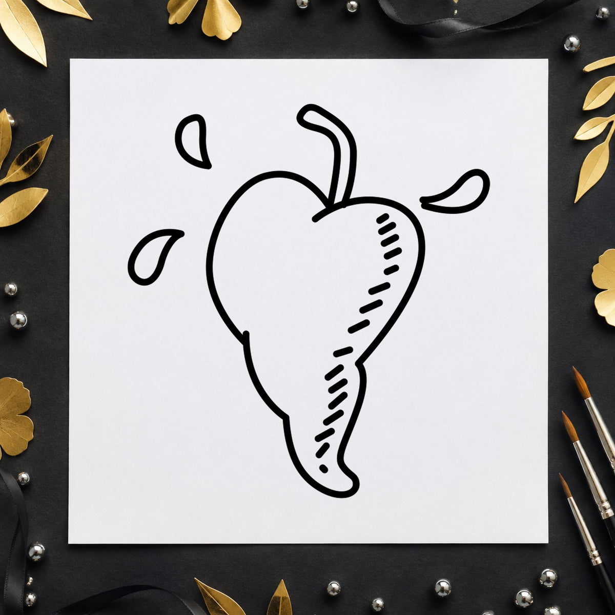 Black impression from a pepper rubber stamp, featuring the heart-shaped pepper design on white paper.