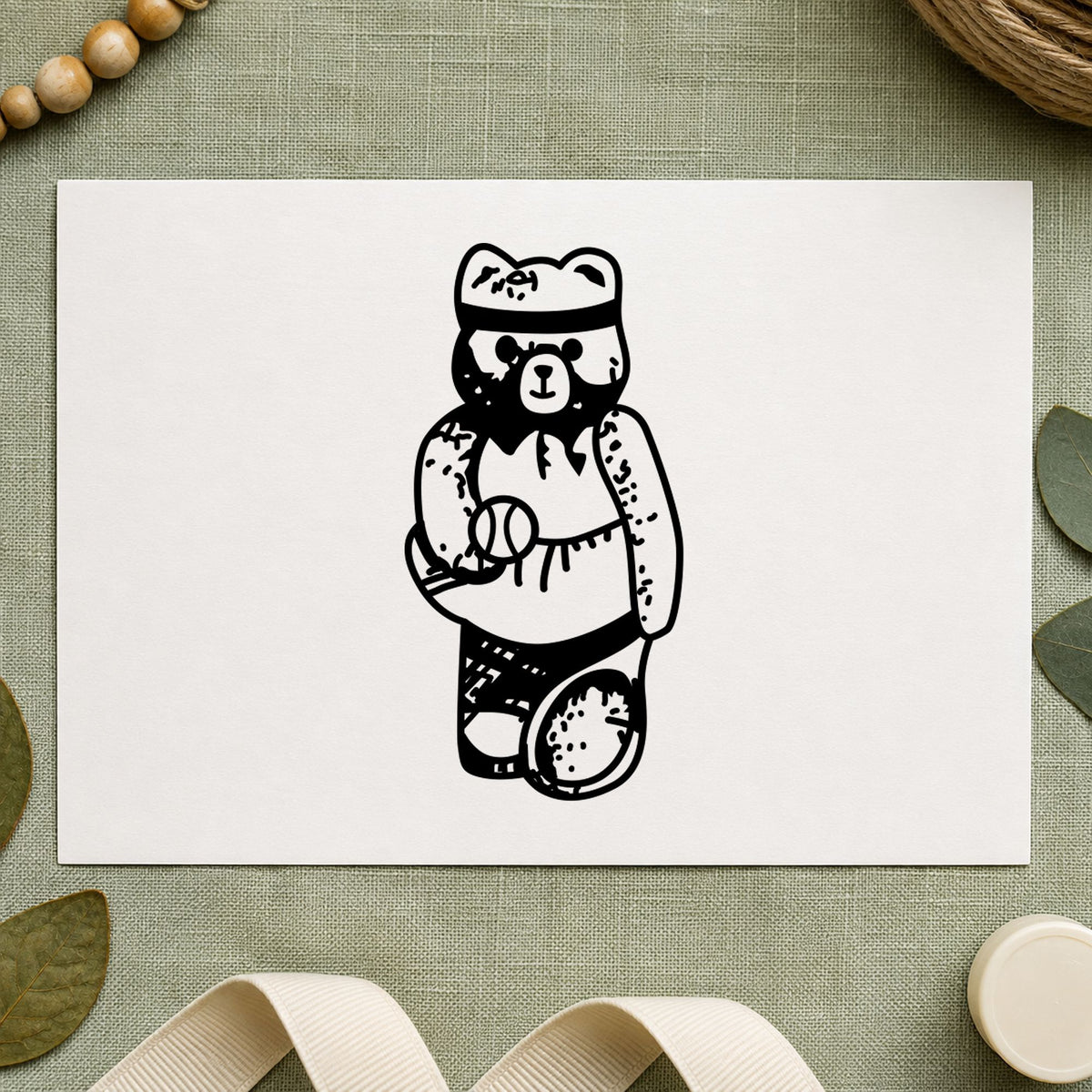 Girl Tennis Bear Rubber Stamp impression in black ink on white paper in a styled craft setting.