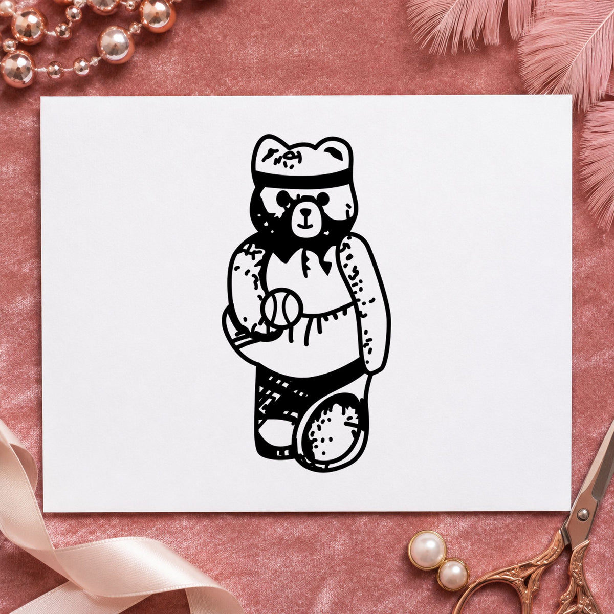 Black impression from a tennis rubber stamp, featuring the girl tennis bear design on white paper.