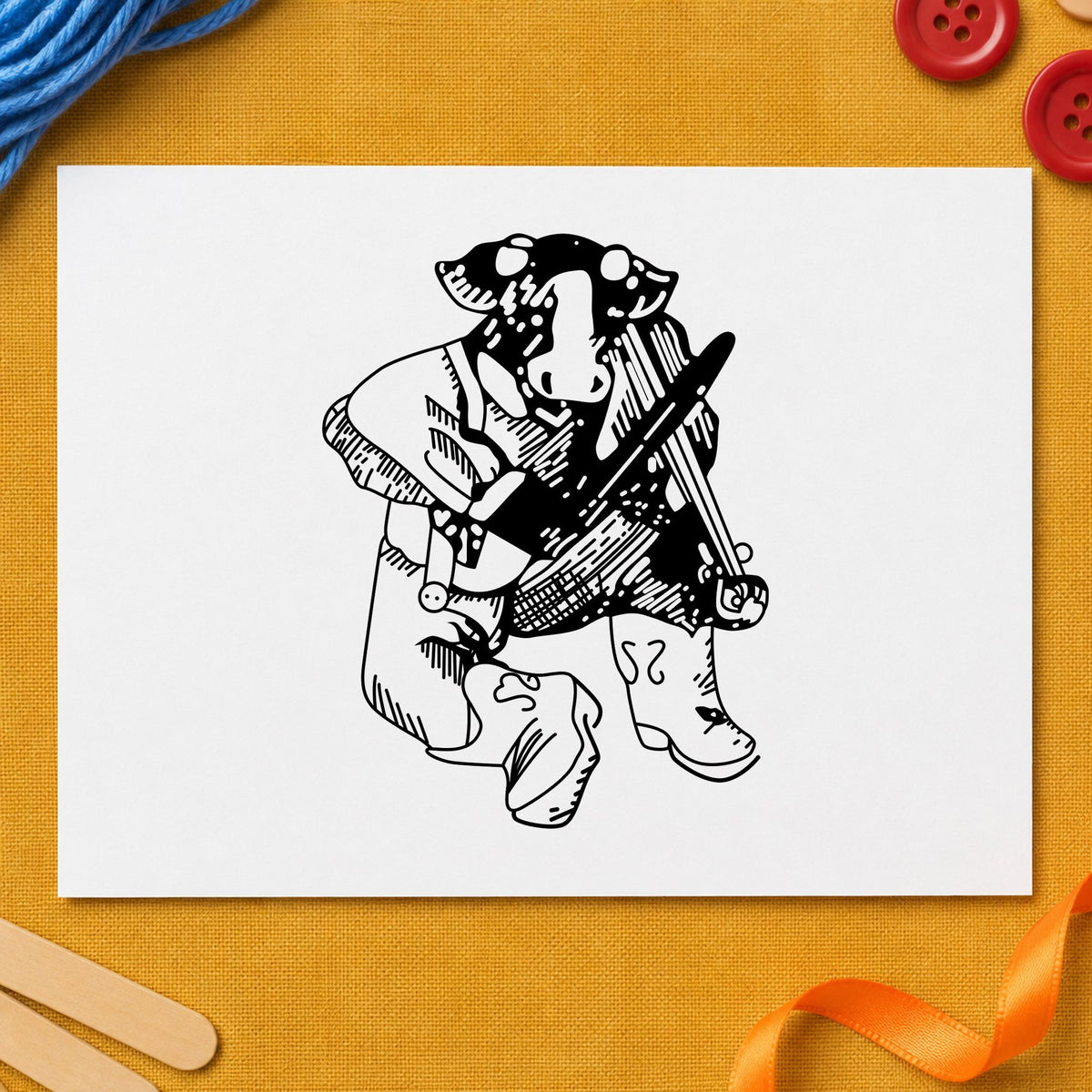 Fiddle Playing Cow Rubber Stamp impression in black ink on white paper in a styled craft setting.