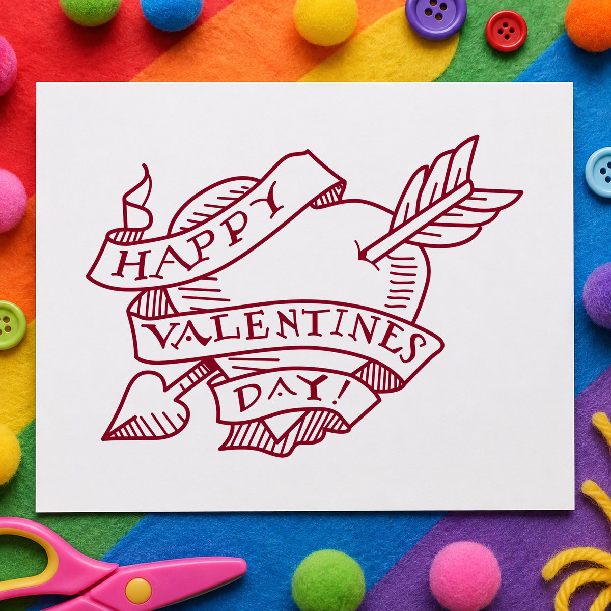 Valentine Heart with Arrow Rubber Stamp impression in burgundy ink on white paper in a styled craft setting.