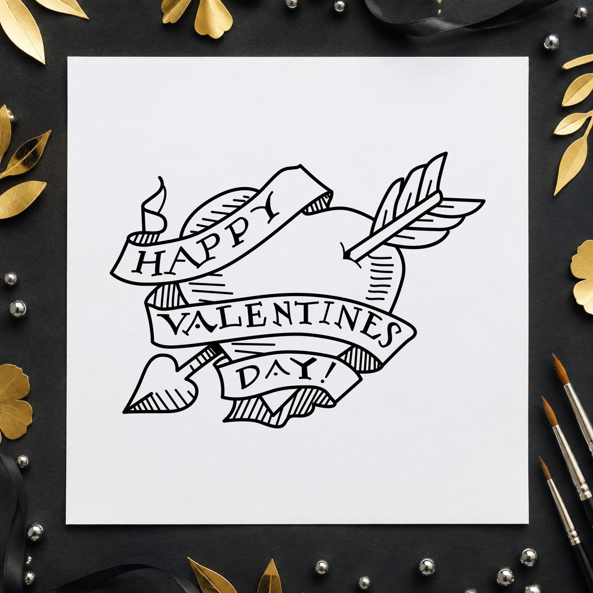 Black impression from a heart and arrow stamp, featuring the valentine heart with arrow design on white paper.
