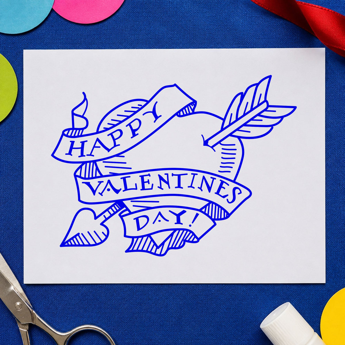 Blue valentine greeting stamp impression featuring the valentine heart with arrow design on white paper.