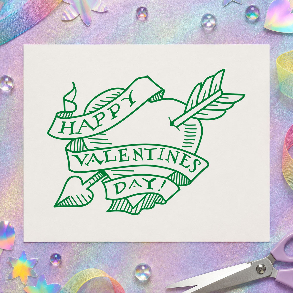 Valentine Heart with Arrow Rubber Stamp impression in green ink on white paper in a styled craft setting.