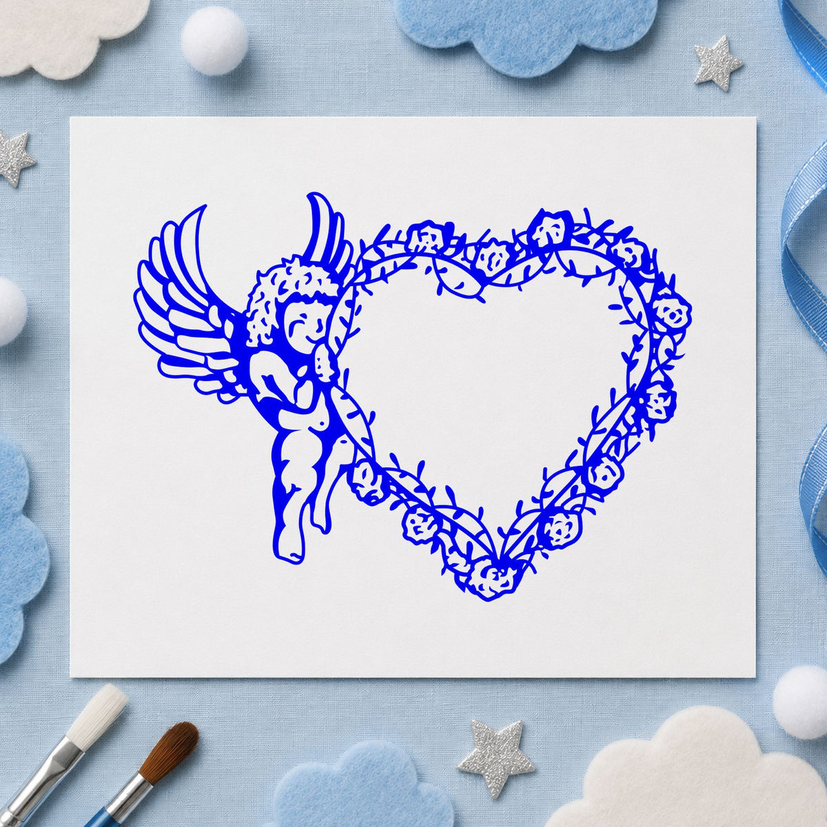 Blue love themed rubber stamp impression featuring the cupid holding vine heart design on white paper.