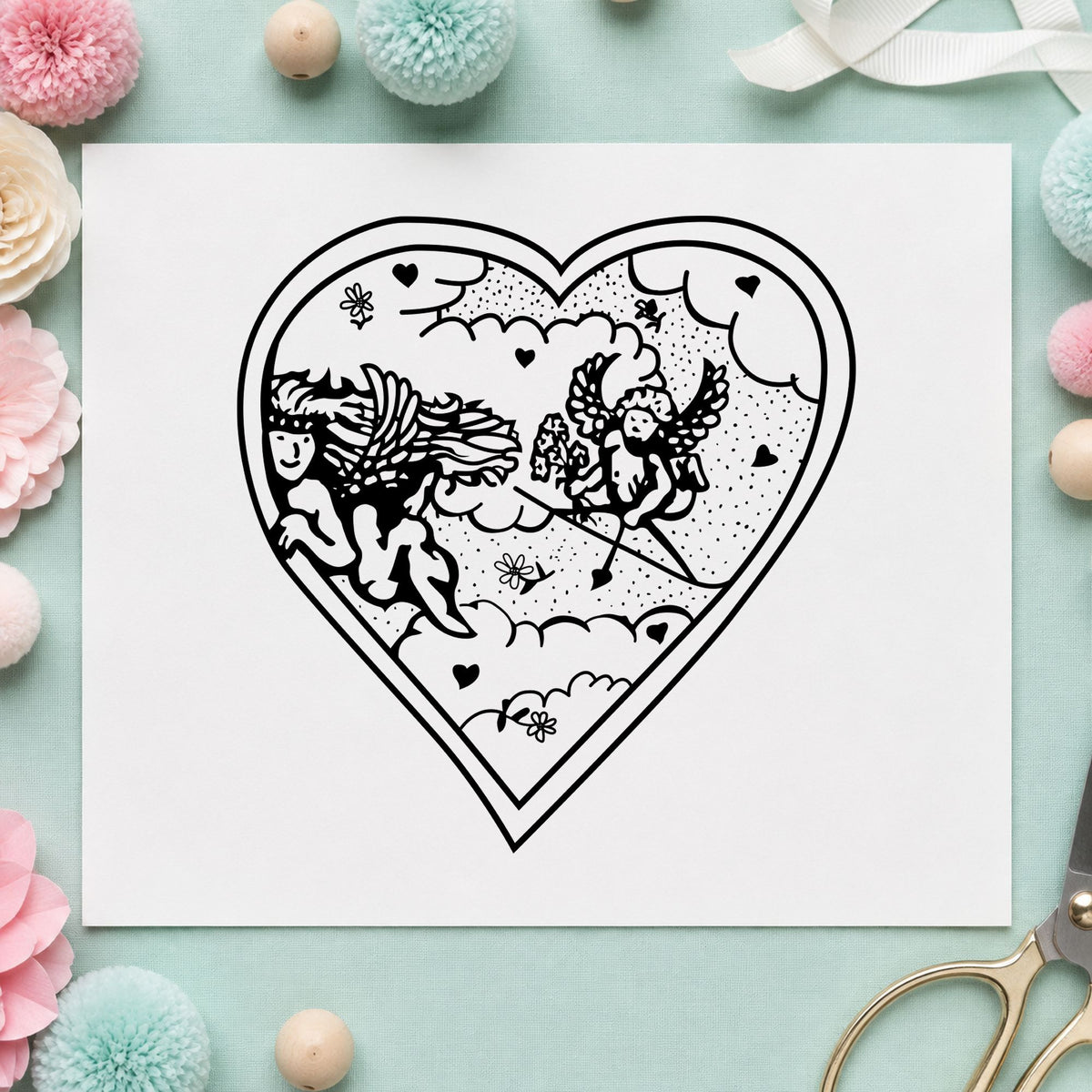 Heart with Two Cupids Rubber Stamp impression in black ink on white paper in a styled craft setting.