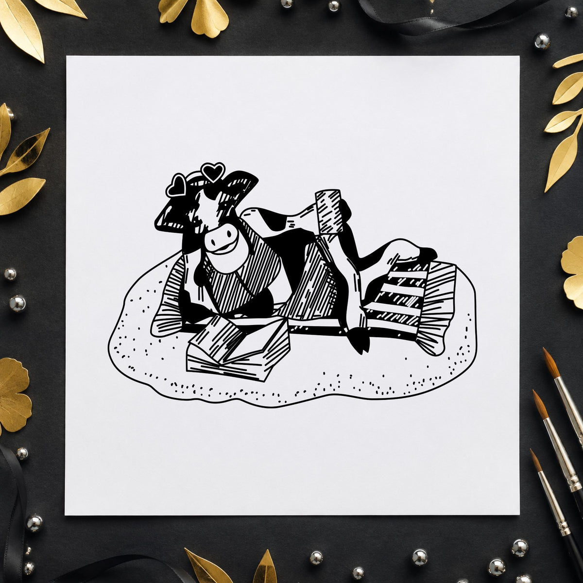 Black impression from a funny cow stamp, featuring the cow lounging on beach blanket design on white paper.