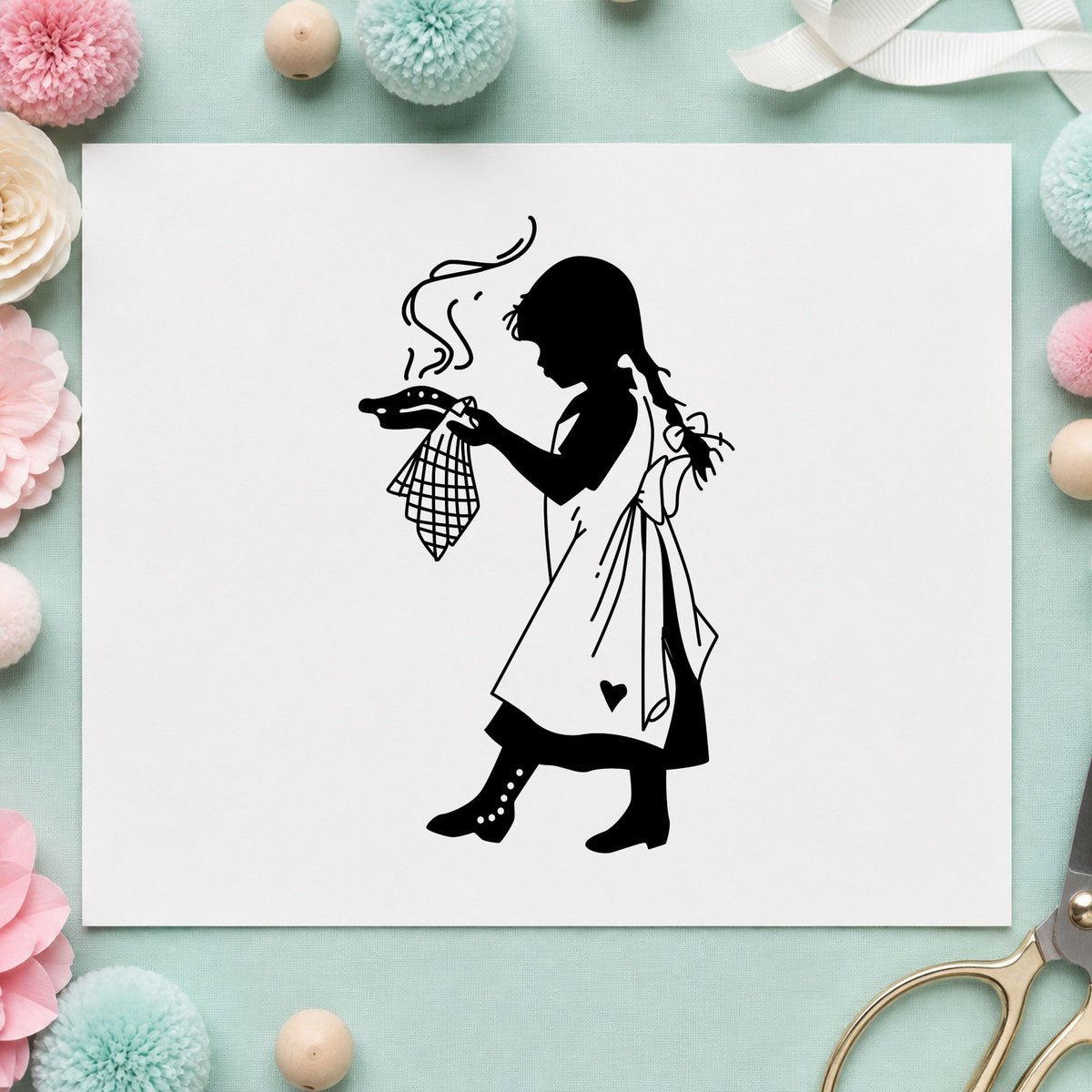 Girl Serving Pie Rubber Stamp impression in black ink on white paper in a styled craft setting.