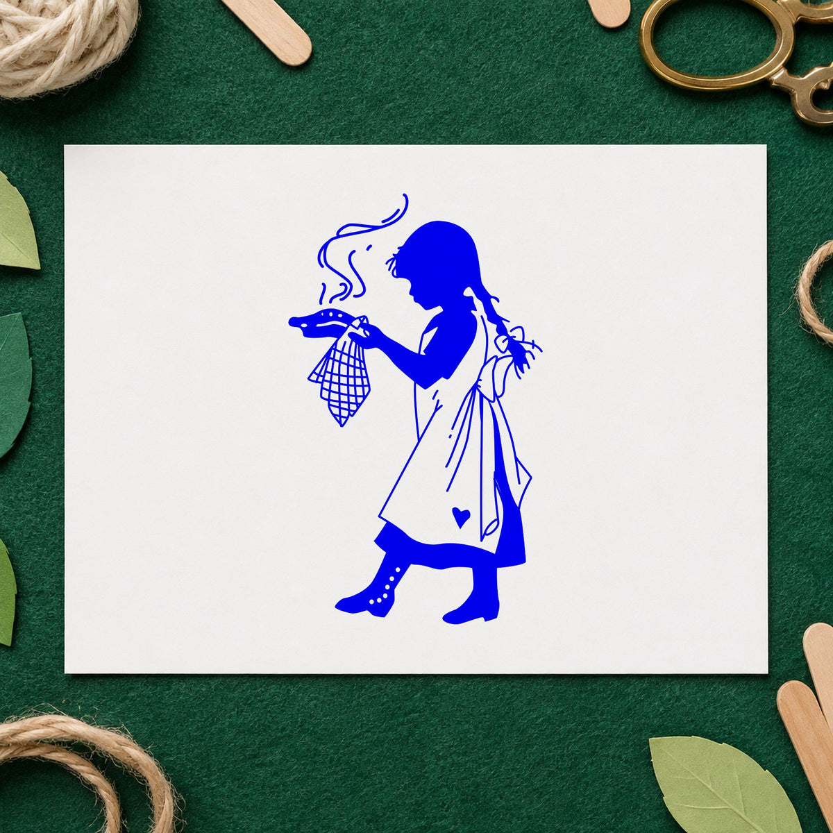 Blue recipe card craft stamp impression featuring the girl serving pie design on white paper.