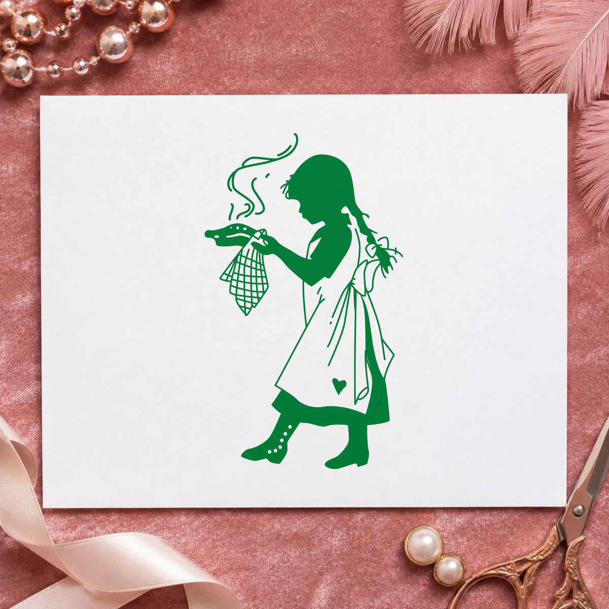 Girl Serving Pie Rubber Stamp impression in green ink on white paper in a styled craft setting.