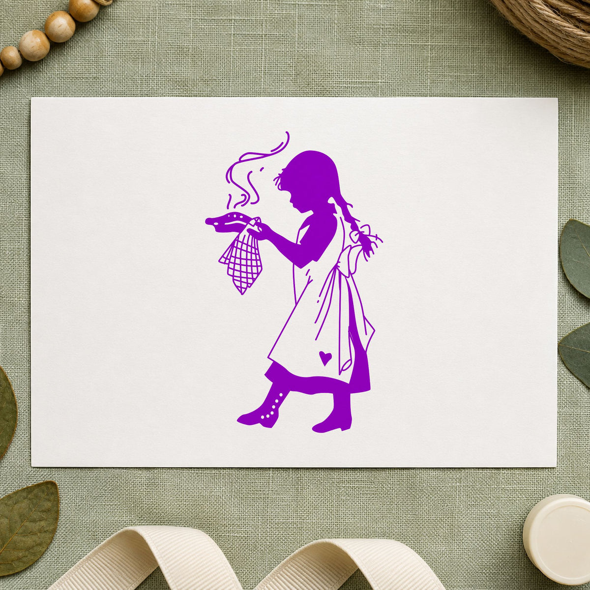 Girl Serving Pie Rubber Stamp impression in purple ink on white paper in a styled craft setting.