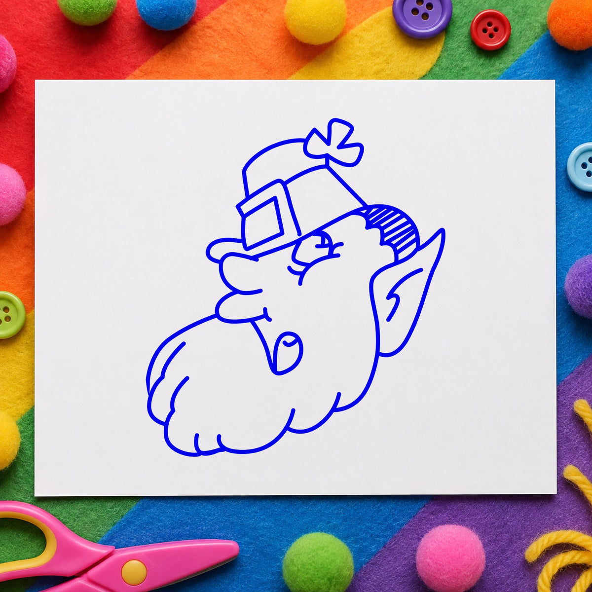 Leprechaun Head with Shamrock Hat Rubber Stamp impression in blue ink on white paper in a styled craft setting.