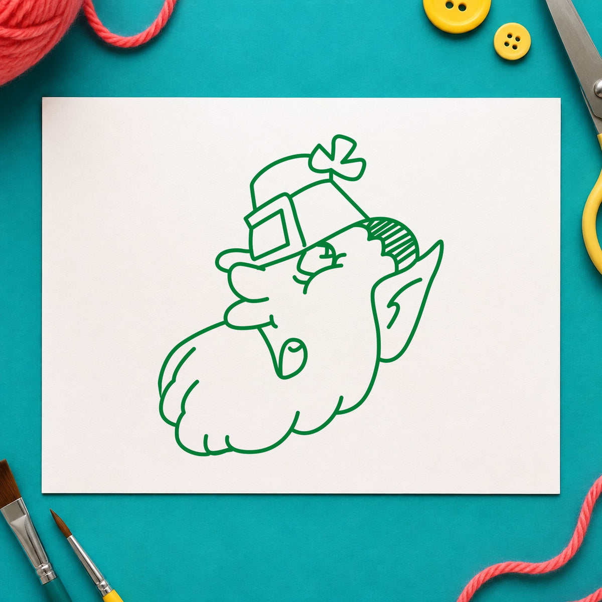 Leprechaun Head with Shamrock Hat Rubber Stamp impression in green ink on white paper in a styled craft setting.