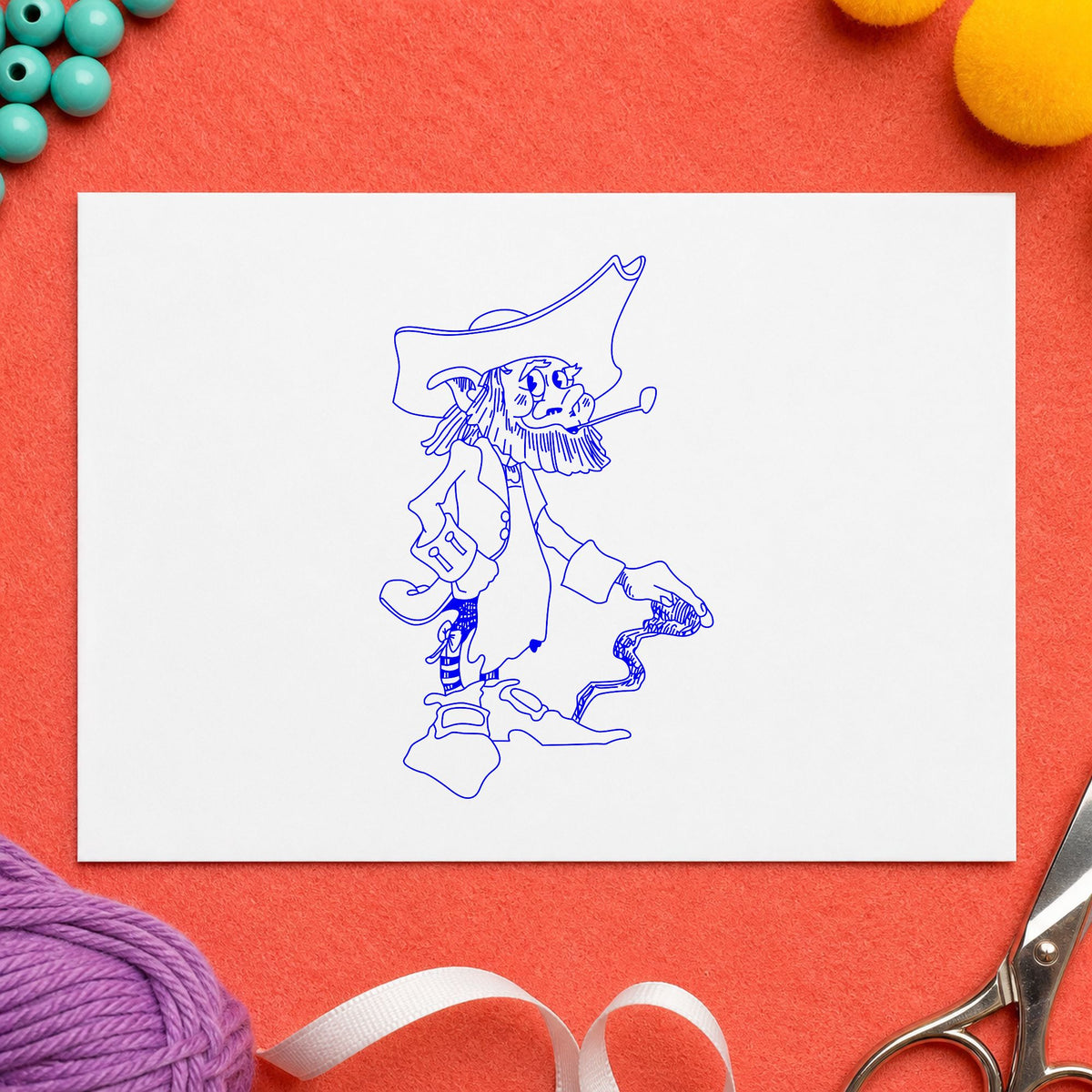 Blue st patrick's day stamp impression featuring the standing leprechaun with cane design on white paper.