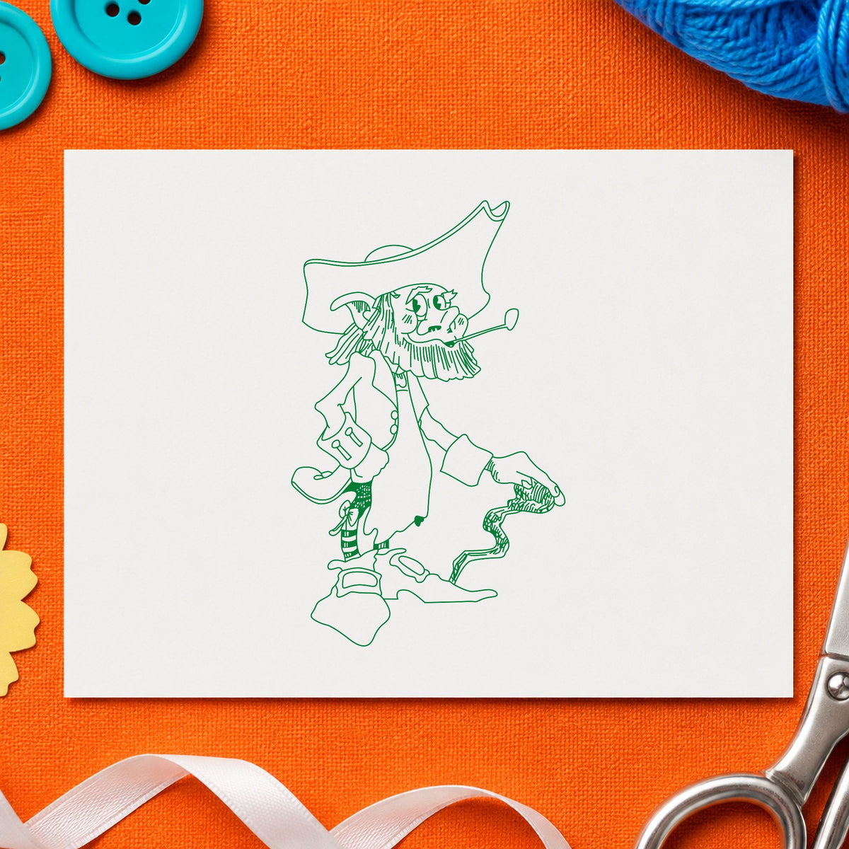 Standing Leprechaun with Cane Rubber Stamp impression in green ink on white paper in a styled craft setting.