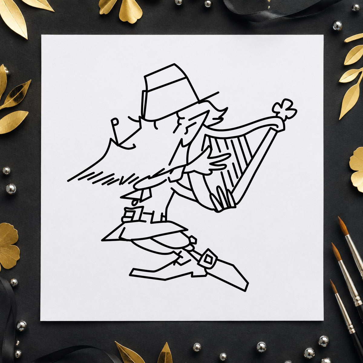 Leprechaun Playing Harp Rubber Stamp impression in black ink on white paper in a styled craft setting.