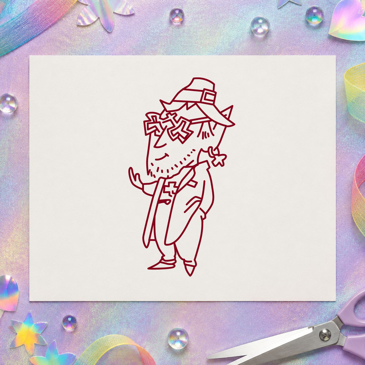 Leprechaun with Shamrock Glasses Rubber Stamp impression in burgundy ink on white paper in a styled craft setting.