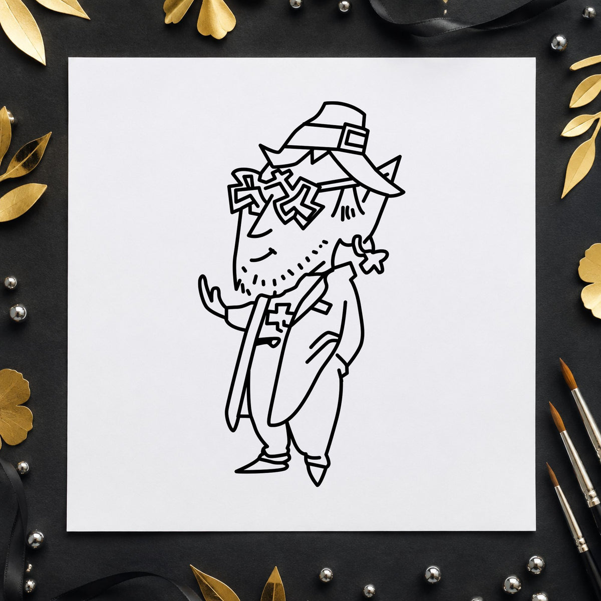 Black impression from a leprechaun rubber stamp, featuring the leprechaun with shamrock glasses design on white paper.