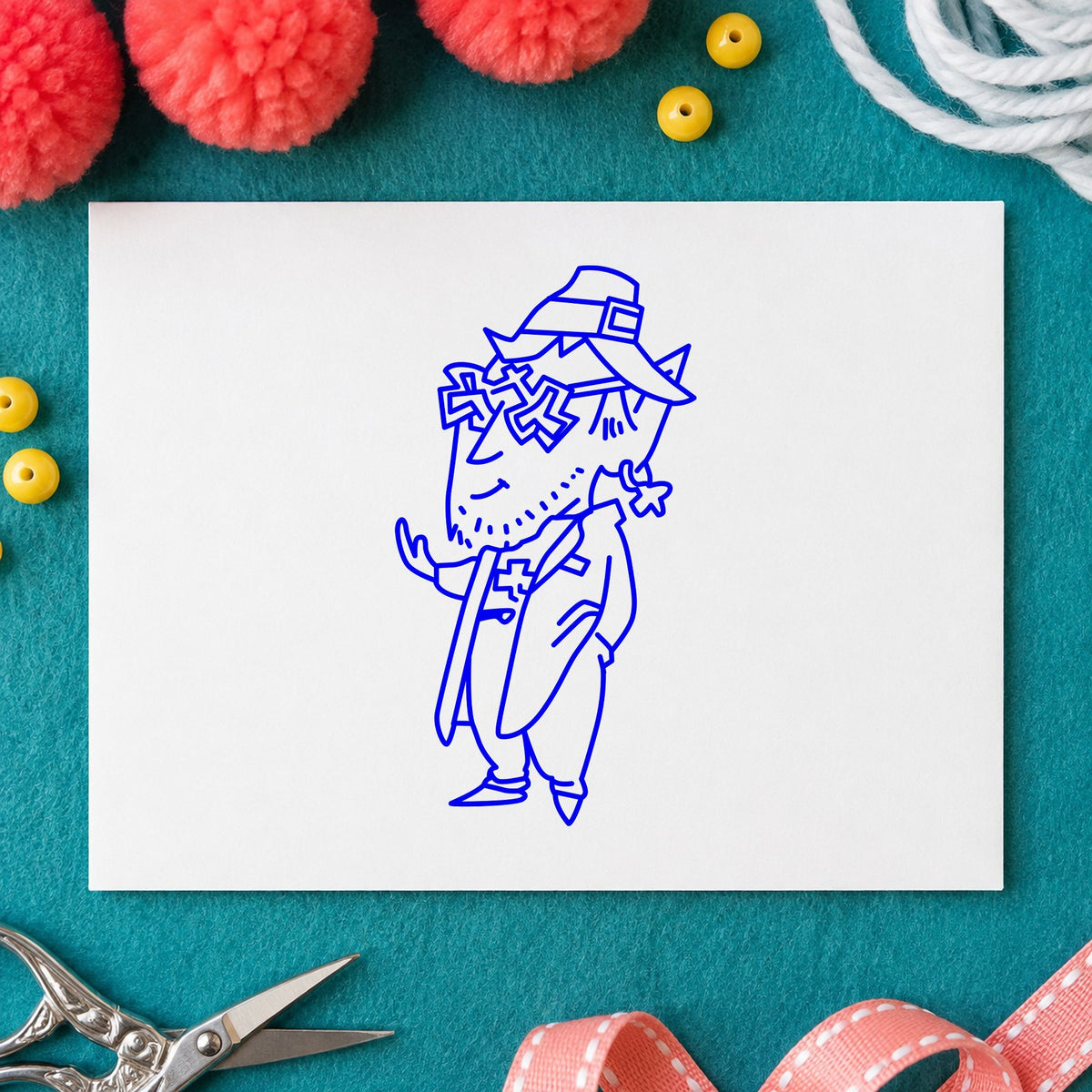 Leprechaun with Shamrock Glasses Rubber Stamp impression in blue ink on white paper in a styled craft setting.