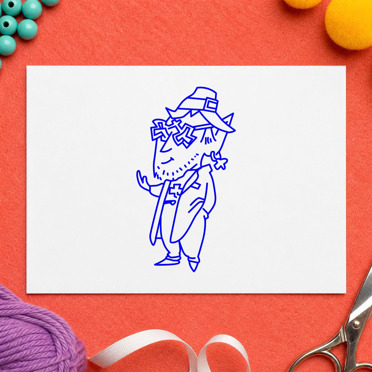 Blue irish holiday stamp impression featuring the leprechaun with shamrock glasses design on white paper.