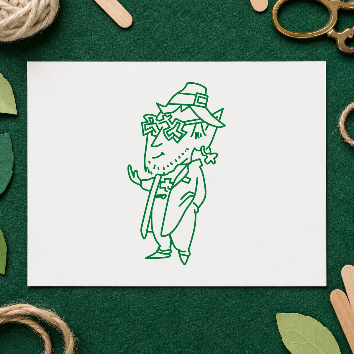 Leprechaun with Shamrock Glasses Rubber Stamp impression in green ink on white paper in a styled craft setting.
