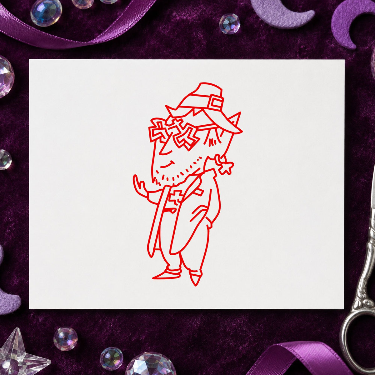 Leprechaun with Shamrock Glasses Rubber Stamp impression in red ink on white paper in a styled craft setting.
