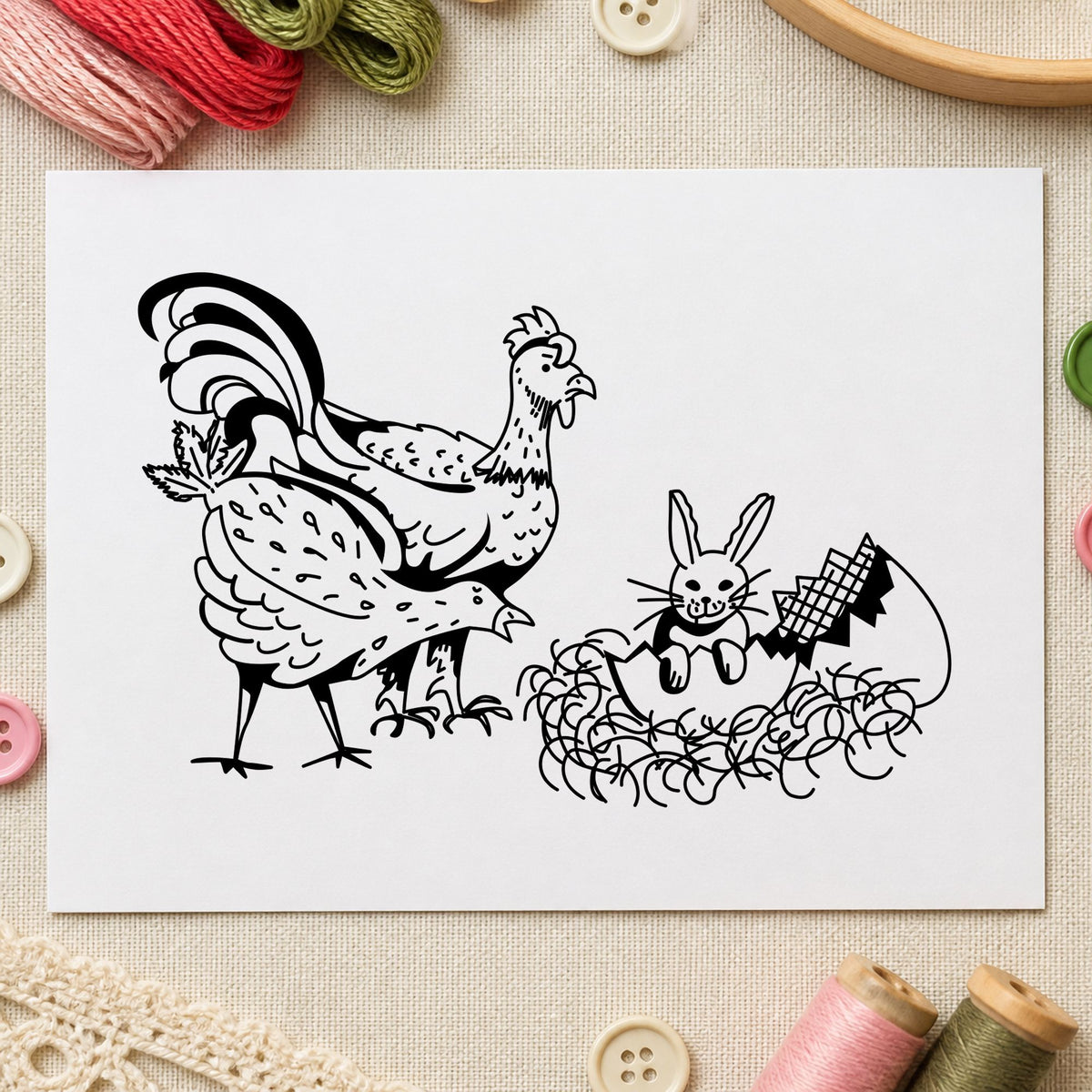 Chickens and Bunny in Easter Egg Rubber Stamp impression in black ink on white paper in a styled craft setting.