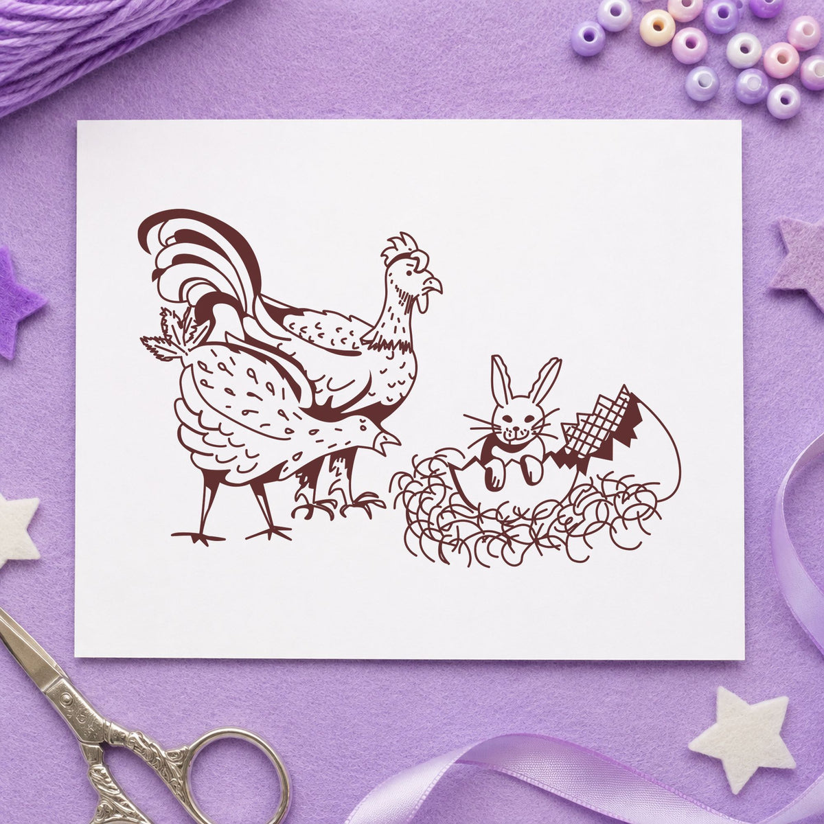 Chickens and Bunny in Easter Egg Rubber Stamp impression in brown ink on white paper in a styled craft setting.