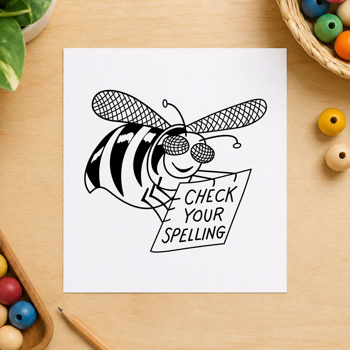 Check Your Spelling Bee Rubber Stamp impression in black ink on white paper in a styled craft setting.