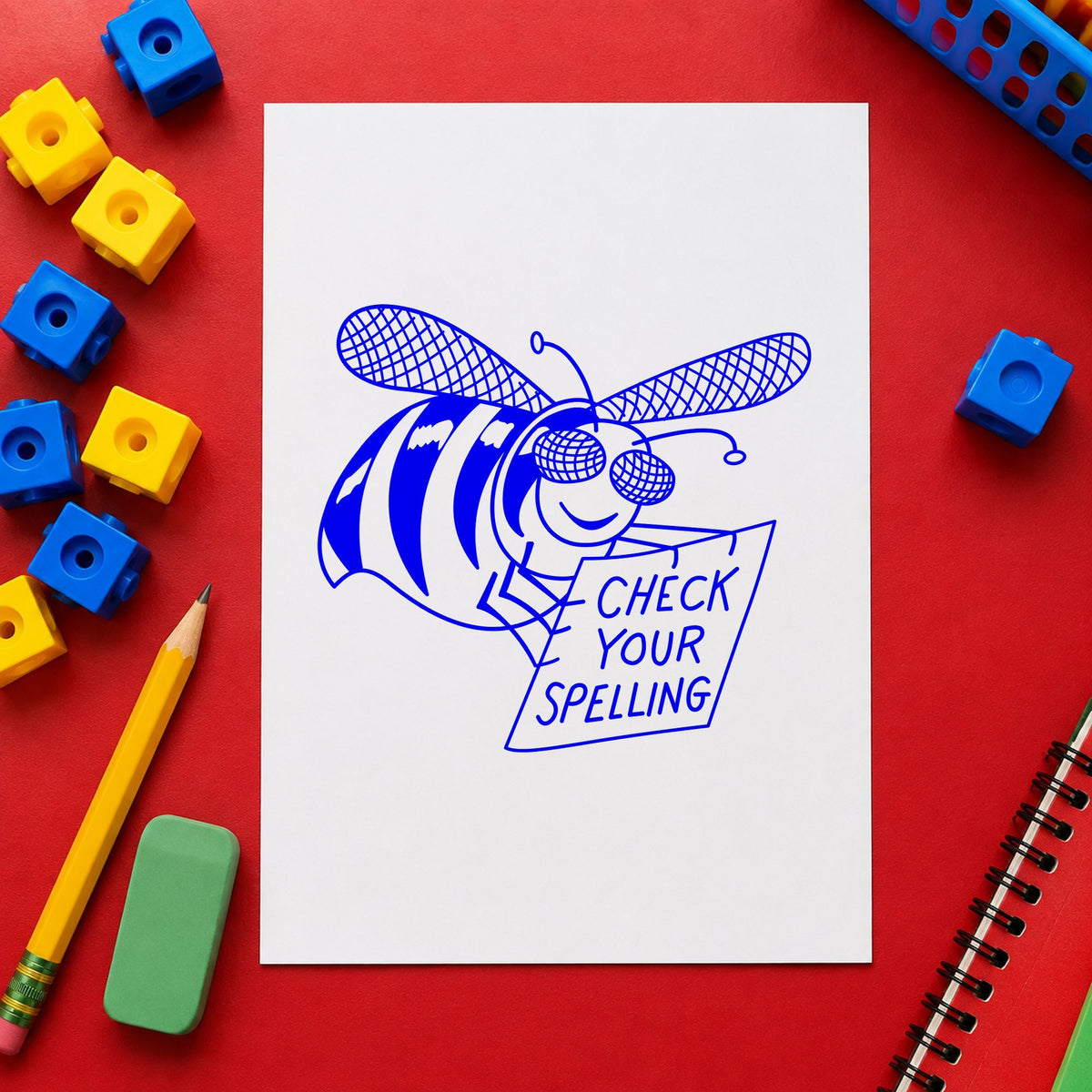 Check Your Spelling Bee Rubber Stamp impression in blue ink on white paper in a styled craft setting.