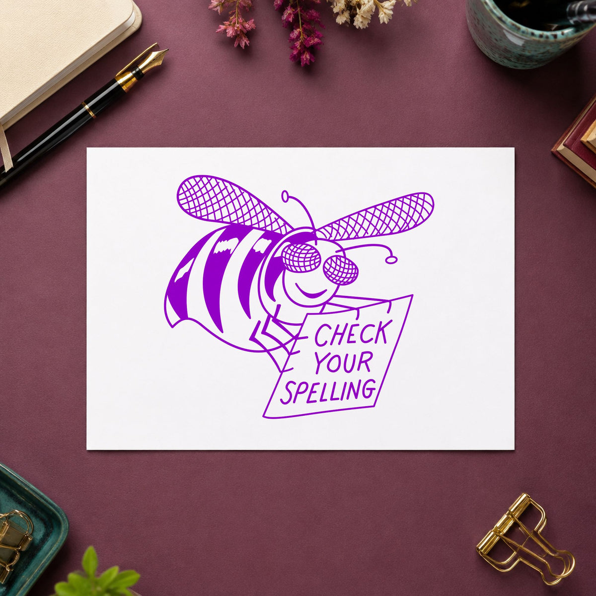 Check Your Spelling Bee Rubber Stamp impression in purple ink on white paper in a styled craft setting.