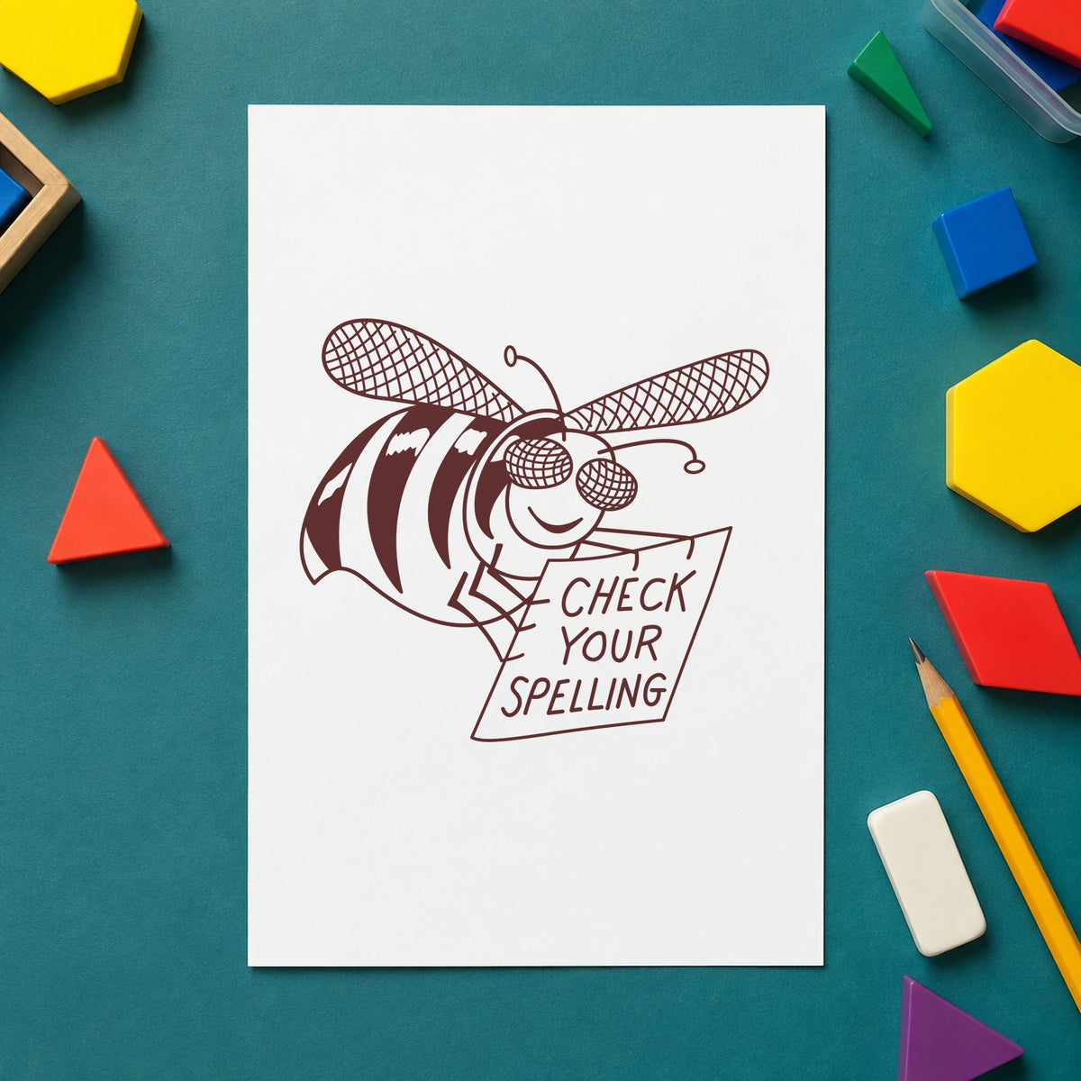 Check Your Spelling Bee Rubber Stamp impression in brown ink on white paper in a styled craft setting.