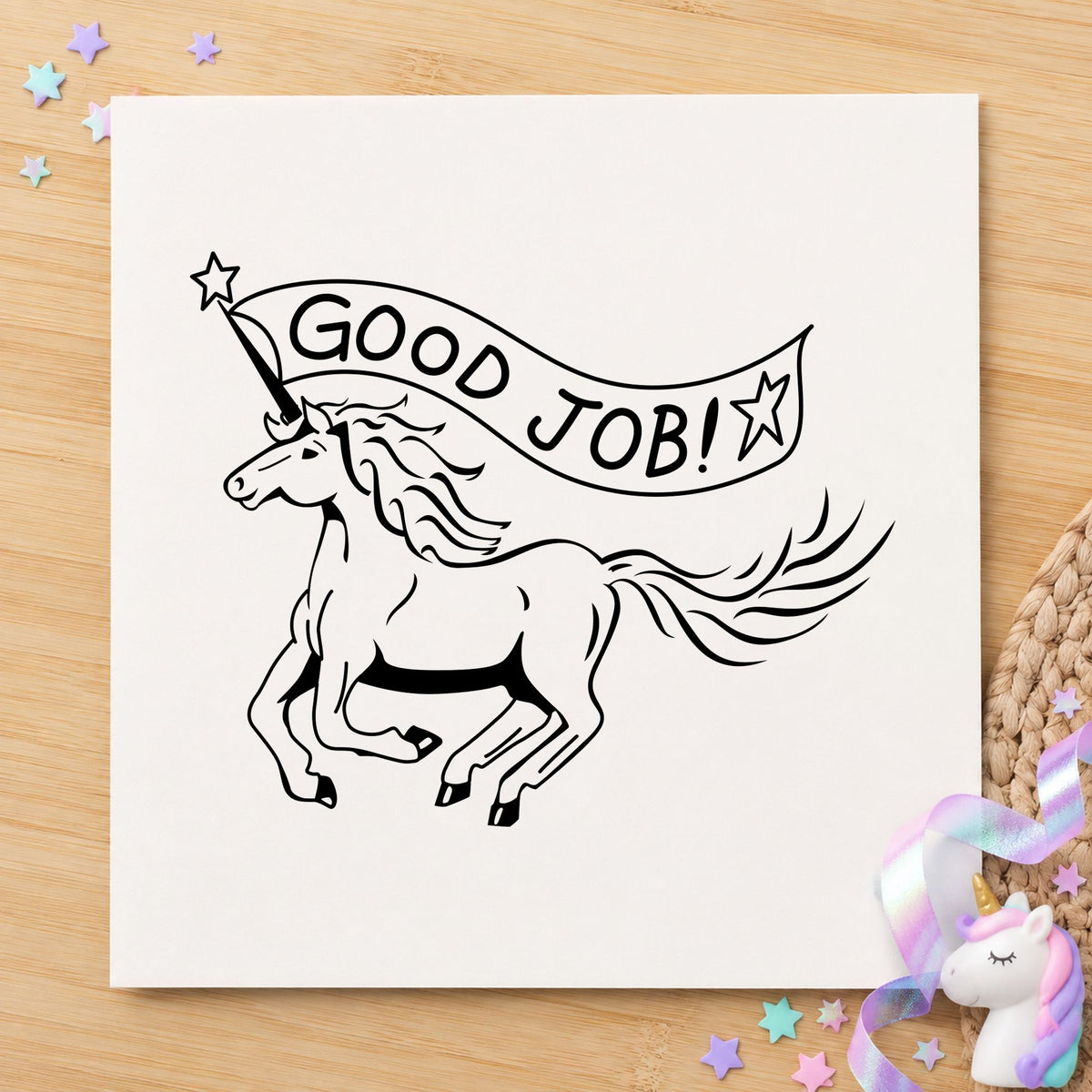 Black impression from a unicorn reward stamp, featuring the good job unicorn design on white paper.