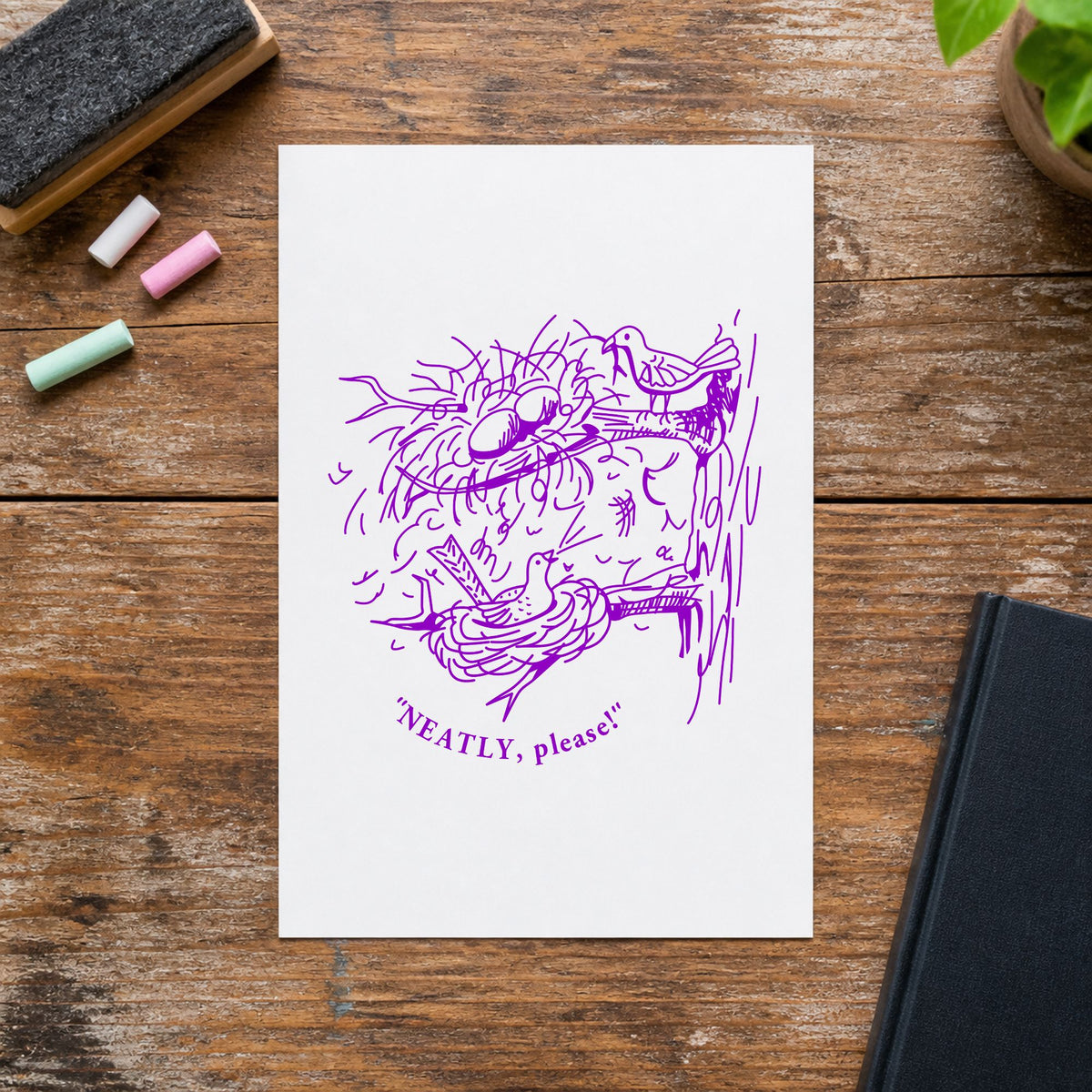 Neatly Please Birds Rubber Stamp impression in purple ink on white paper in a styled craft setting.