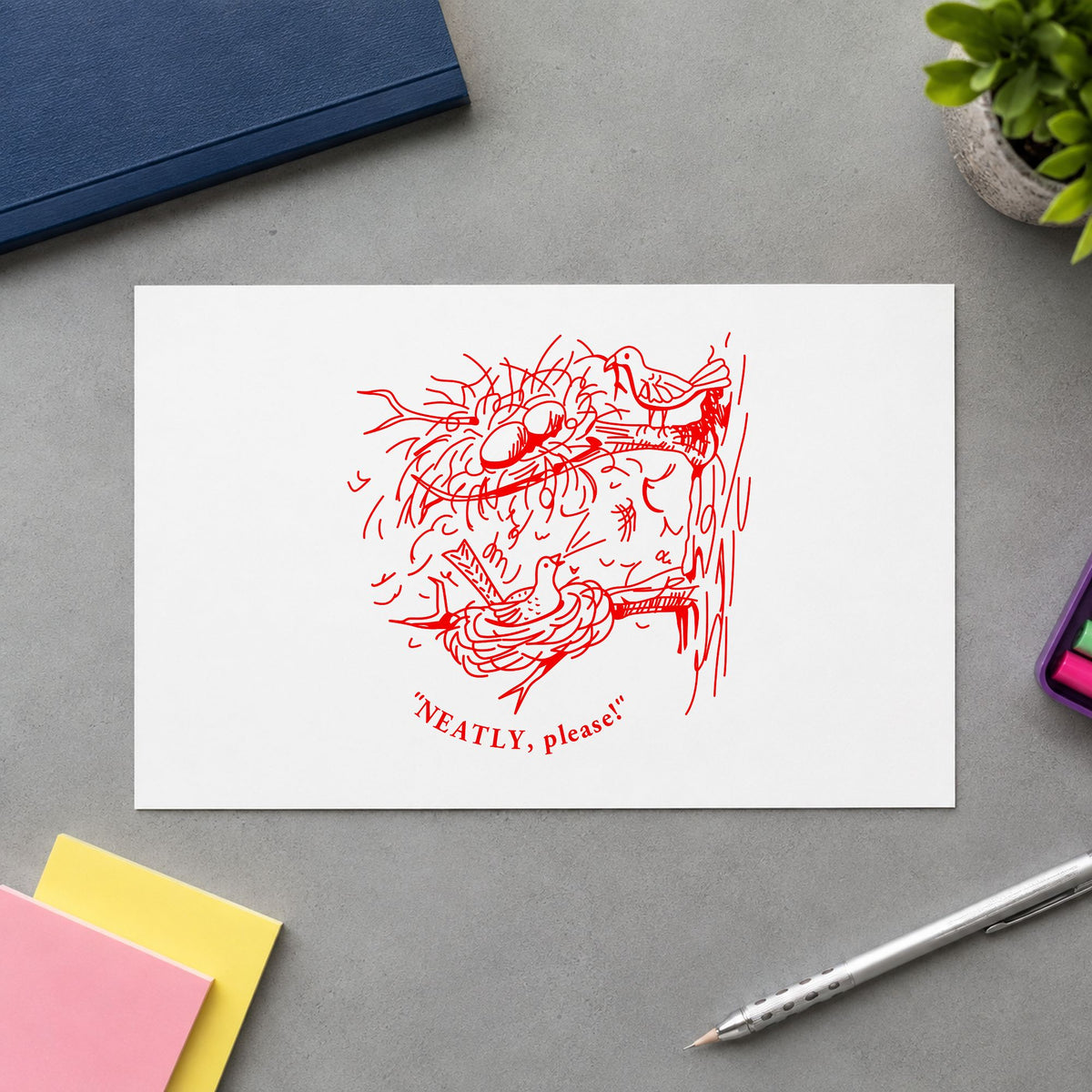 Neatly Please Birds Rubber Stamp impression in red ink on white paper in a styled craft setting.