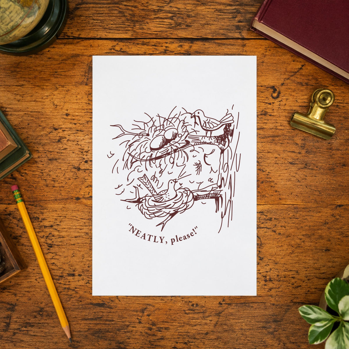 Neatly Please Birds Rubber Stamp impression in brown ink on white paper in a styled craft setting.