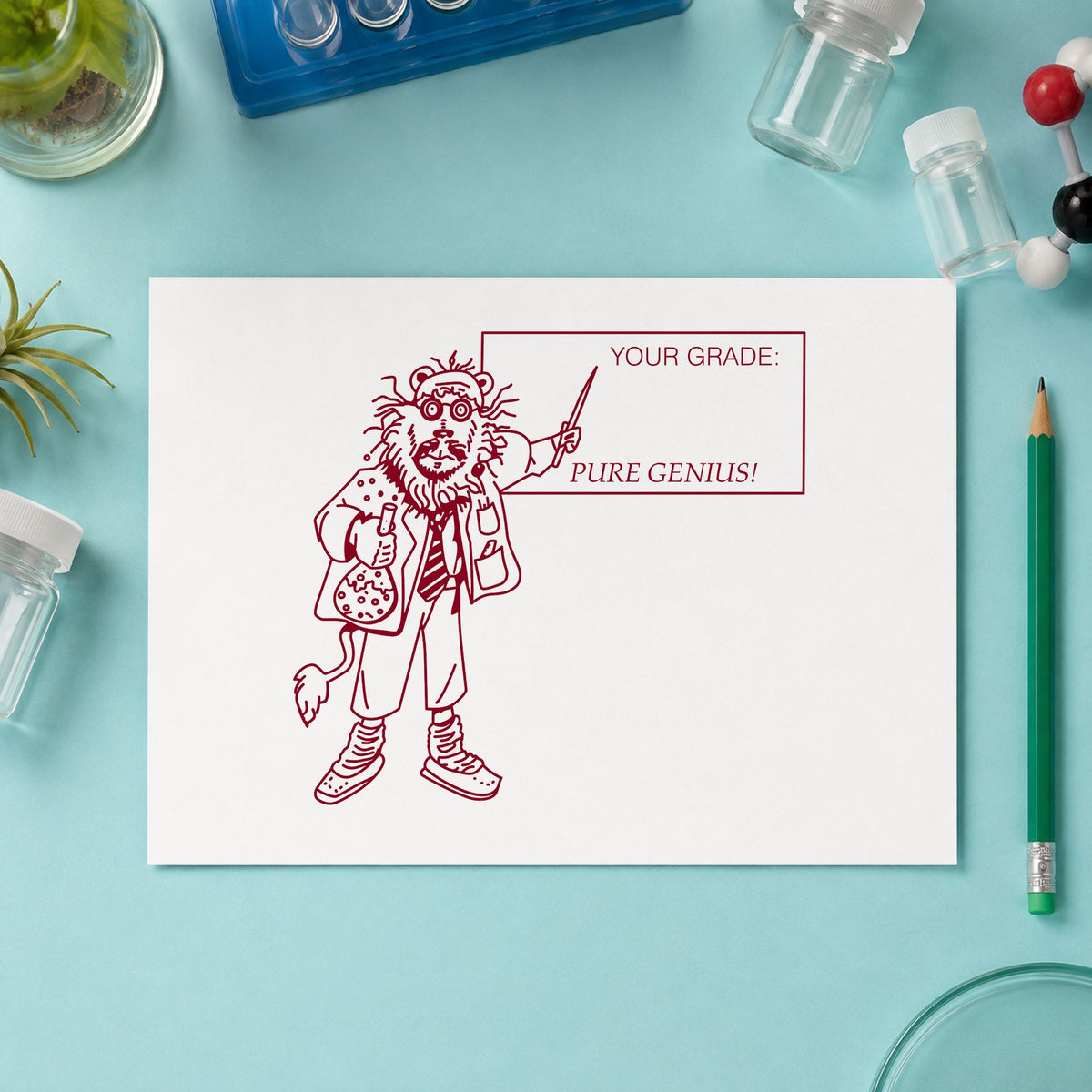 Your Grade Pure Genius Lion Rubber Stamp impression in burgundy ink on white paper in a styled craft setting.