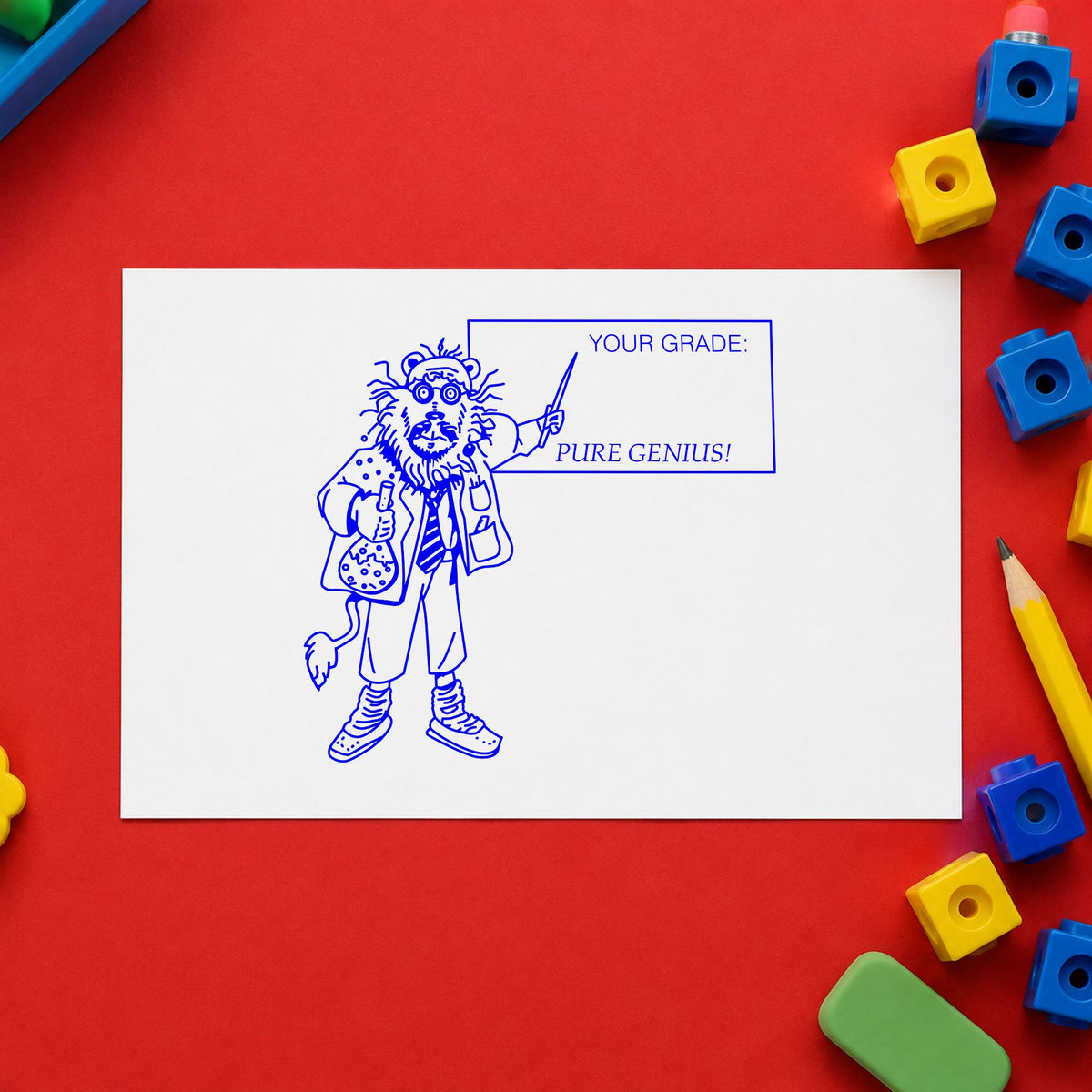 Blue science classroom stamp impression featuring the your grade pure genius lion design on white paper.