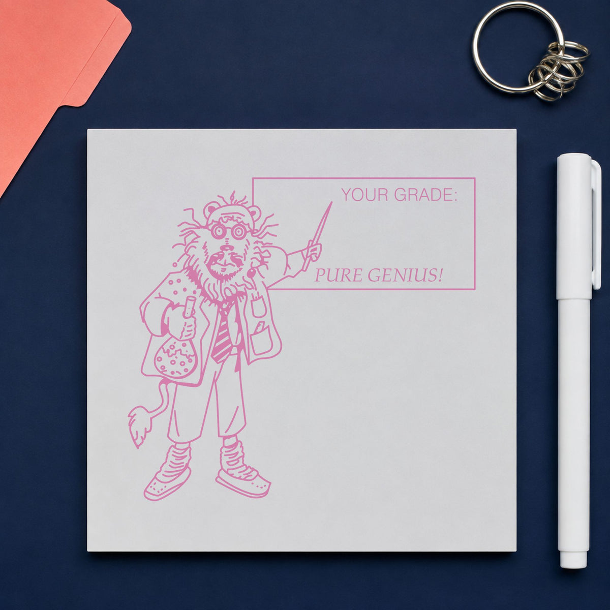 Your Grade Pure Genius Lion Rubber Stamp impression in pink ink on white paper in a styled craft setting.