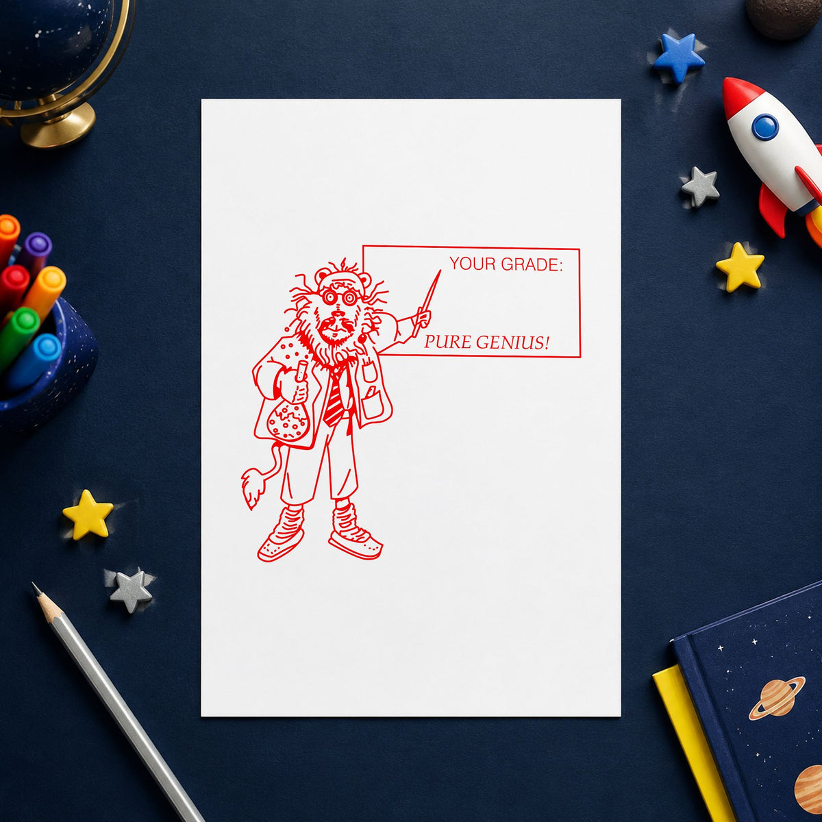 Your Grade Pure Genius Lion Rubber Stamp impression in red ink on white paper in a styled craft setting.