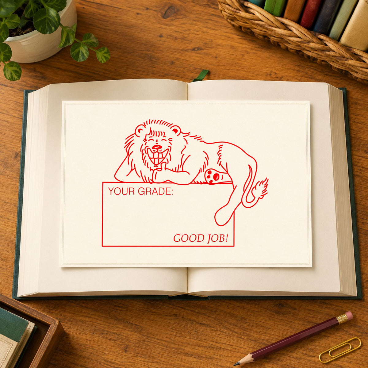 Your Grade Good Job Lion Rubber Stamp impression in red ink on white paper in a styled craft setting.